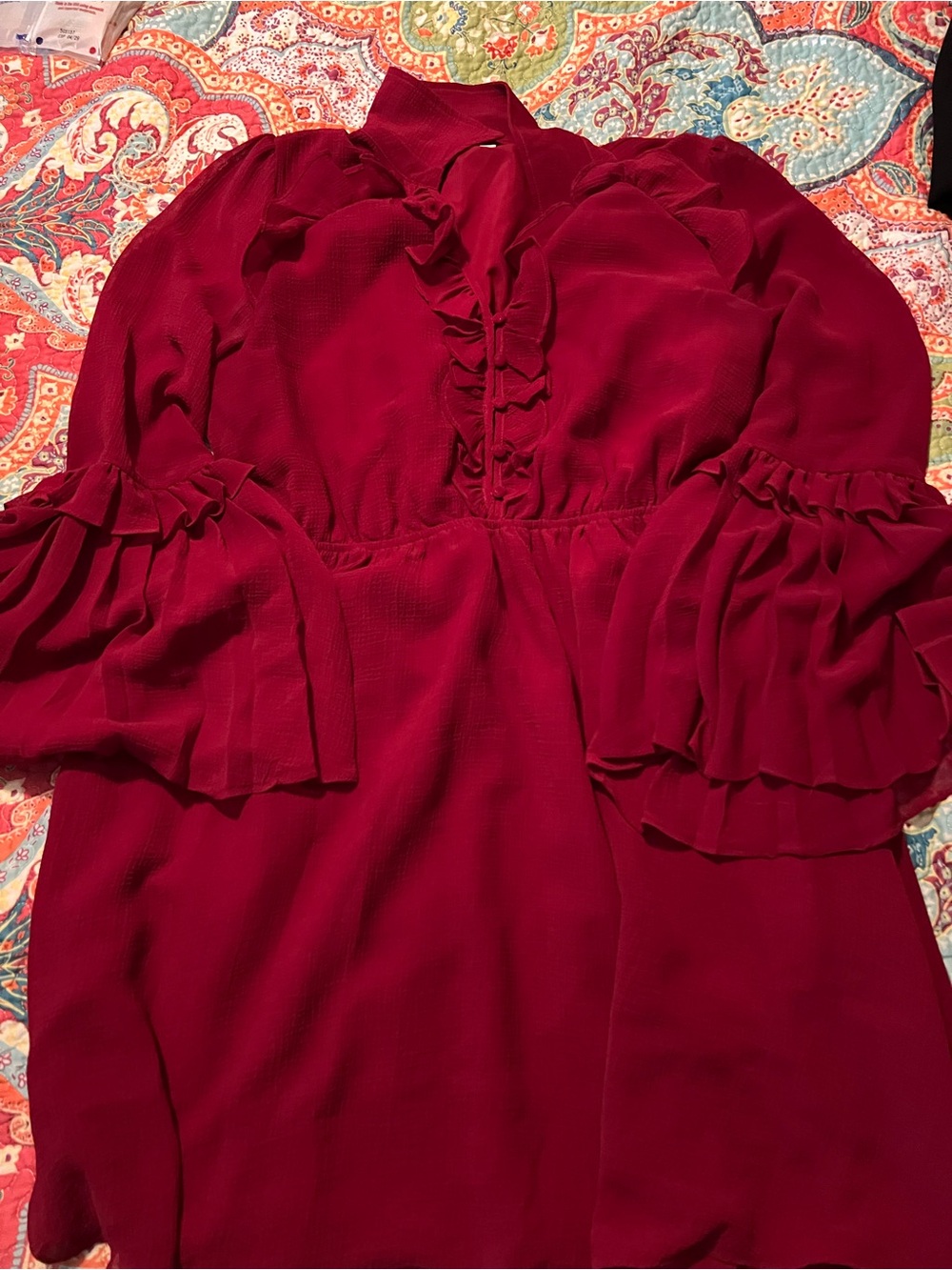 Women's Ruffled Long-Sleeve Dress - Deep Burgundy